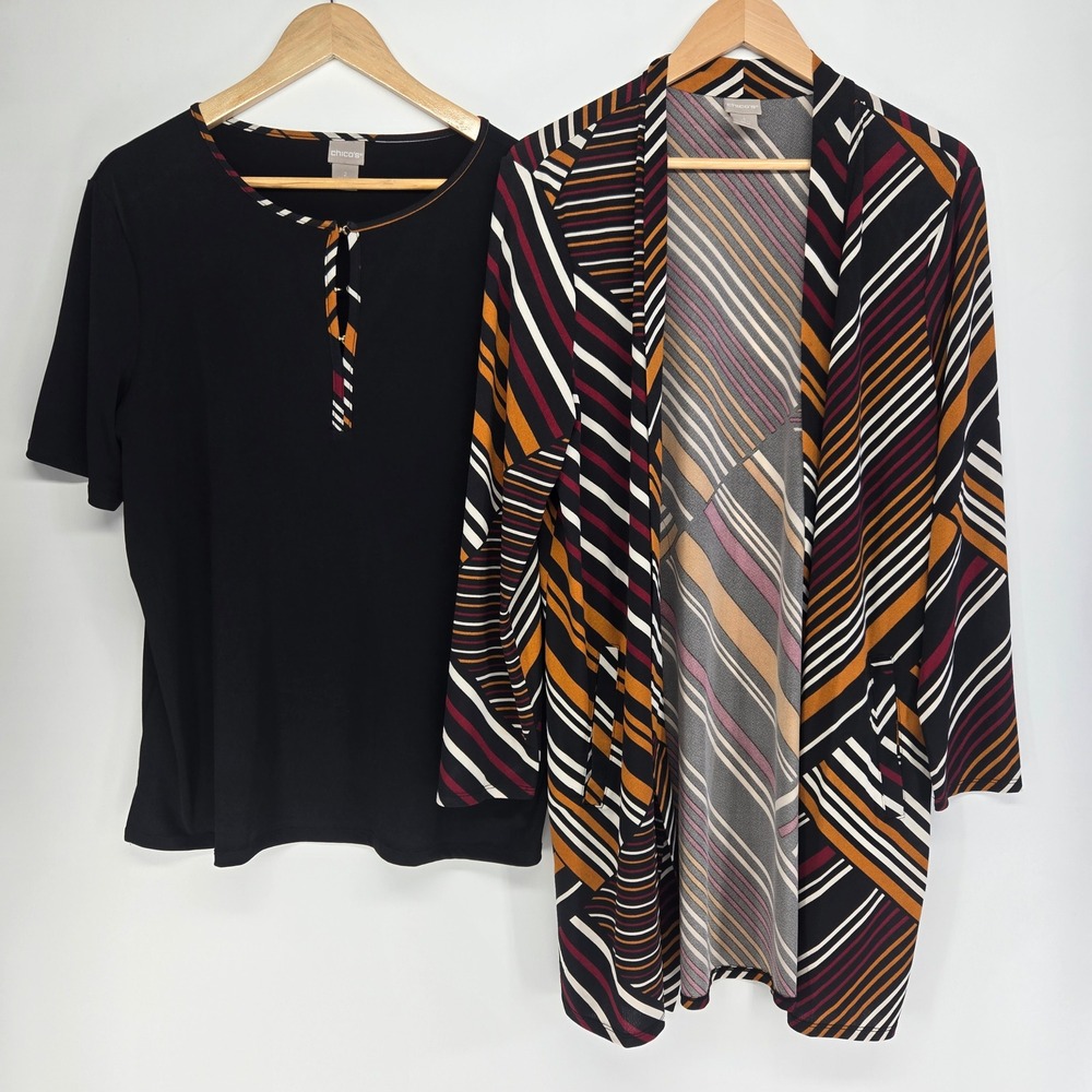 Chico's Cardigan Set Women 2 L Black Striped Travelers 2 Piece Top Jacket Set